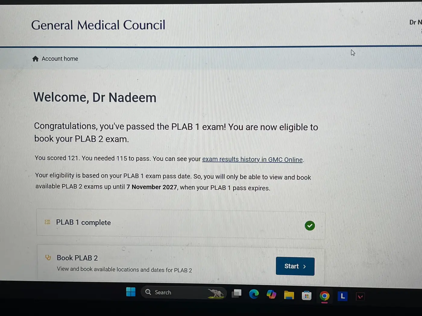 Verified GMC exam result for Dr. Arham N., November 2024