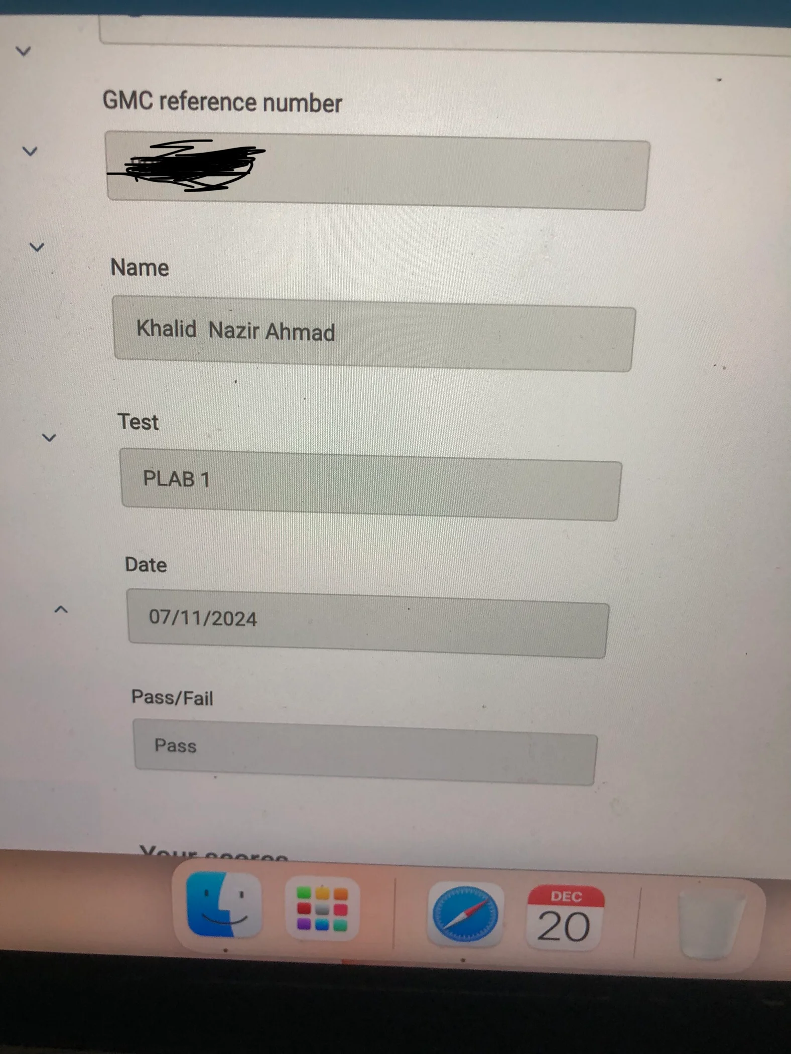 Verified GMC exam result for Dr. Khalid N., November 2024