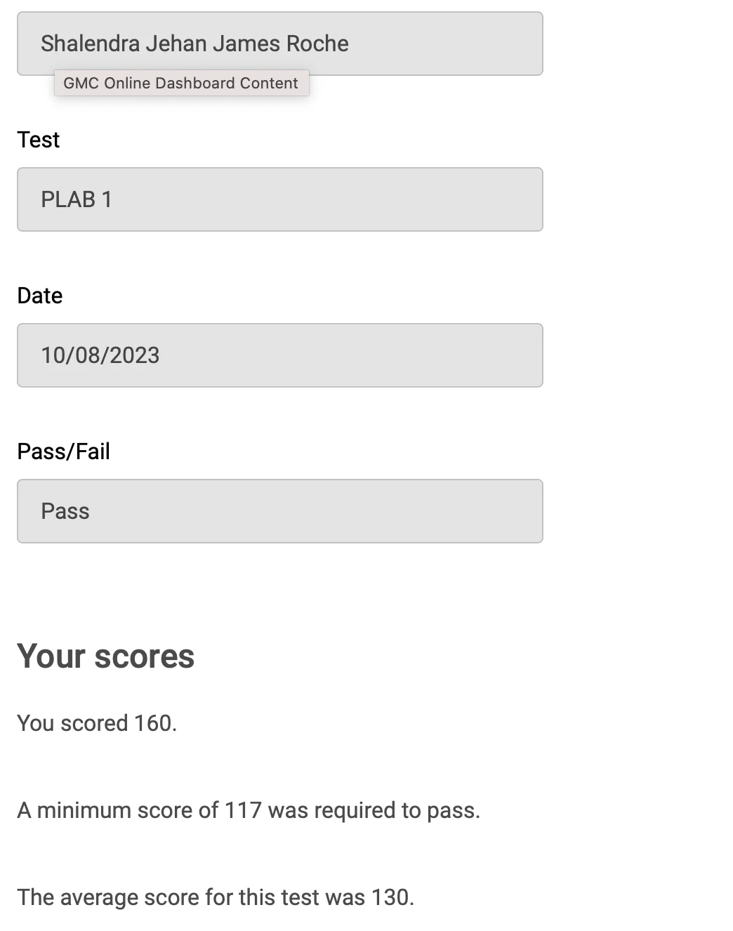 Verified GMC exam result for Dr. Shalendra R., August 2023